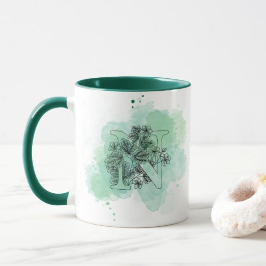 Initiaal N Waterverf Monogram Groen Botanisch Mok (Met donut)