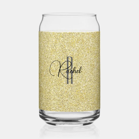 Initiaal Naam, Gouden Glitter Print Drank 16oz Blikvorm Glas (Achterkant)