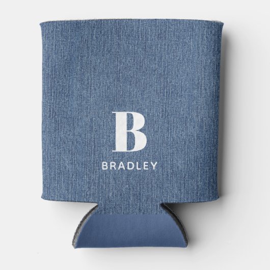 Initiaal naam, lichtblauw denim print 12oz blikjeskoeler (Voorkant)