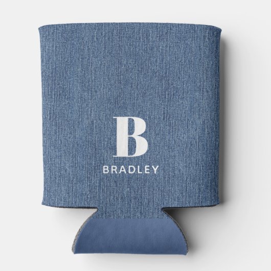 Initiaal naam, lichtblauw denim print 12oz blikjeskoeler (Achterkant)