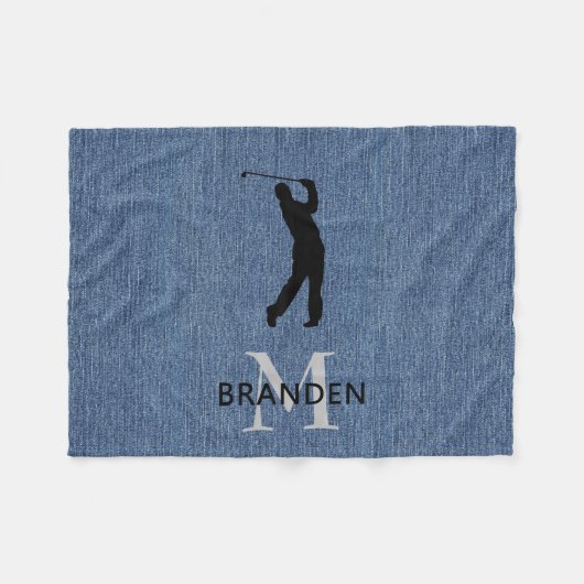 Initiaal Naam Man Golfer, Blue Denim Print Fleece Deken (Voorkant (Horizontaal))
