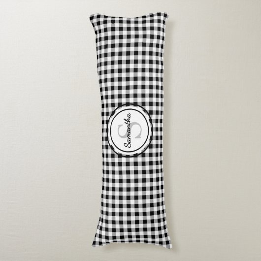 Initiaal naam, trendy zwart wit buffel check lichaamskussen (Voorkant Verticaal)