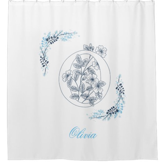 Initiaal "O" Blauw Monogram Kalm Bloemen Douchegordijn (Voorkant)