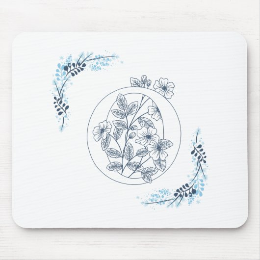 Initiaal "O" Blauw Monogram Kalm Bloemen Muismat (Voorkant)