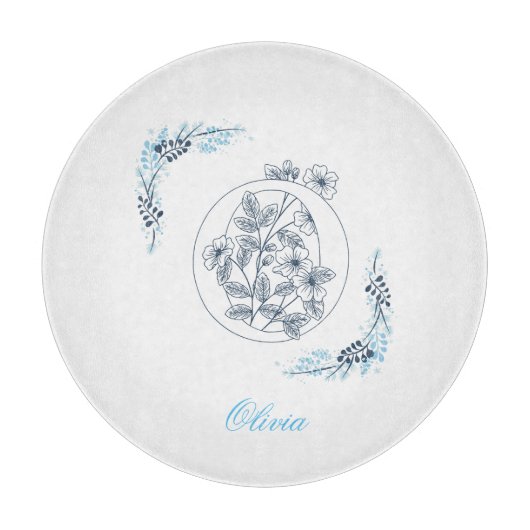 Initiaal "O" Blauw Monogram Kalm Bloemen Snijplank (Voorkant)