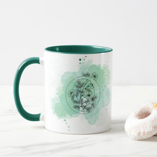 Initiaal O Waterverf Monogram Groen Botanisch Mok (Met donut)