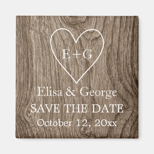Initiaal op houten hart bruiloft Save the Date Magneet (Voorkant)