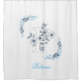 Initiaal "P" Blauw Monogram Kalm Bloemen Douchegordijn (Voorkant)