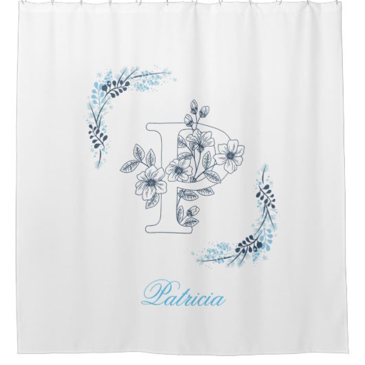 Initiaal "P" Blauw Monogram Kalm Bloemen Douchegordijn (Voorkant)