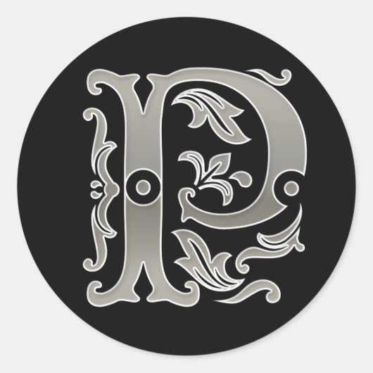 Initiaal P Ronde Sticker in zilver (Voorkant)
