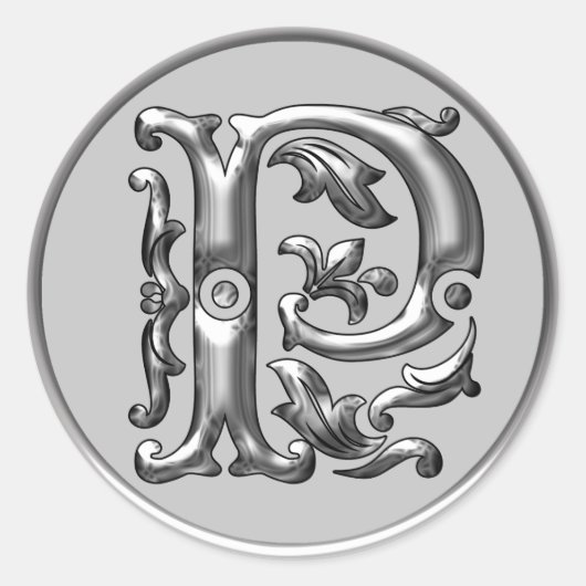 Initiaal P Ronde Sticker in zilver (Voorkant)