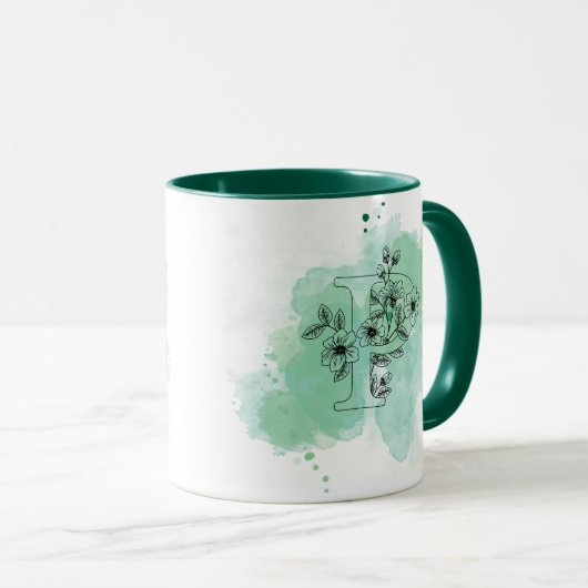 Initiaal P Waterverf Monogram Groen Botanisch Mok (Voorkant rechts)