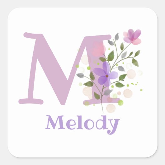 Initiaal plus naam en bloemen ontwerpvierkant tick vierkante sticker (Voorkant)