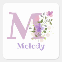 Initiaal plus naam en bloemen ontwerpvierkant tick vierkante sticker