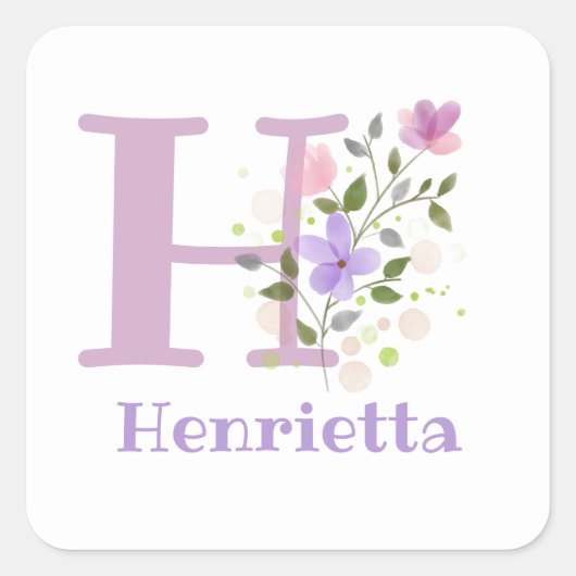 Initiaal Plus Naam Henrietta & Flowers Design Vierkante Sticker (Voorkant)
