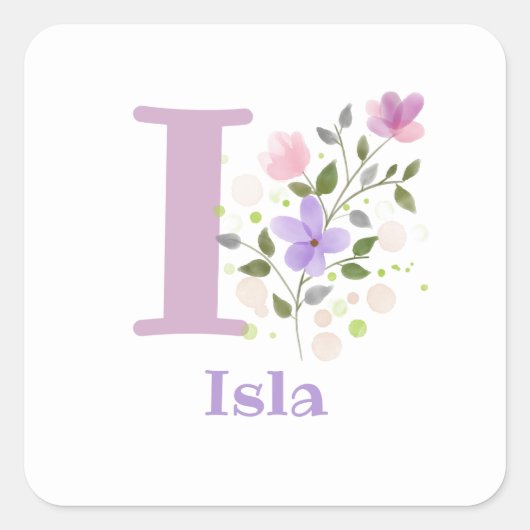 Initiaal Plus Naam Isla & Flowers Design Vierkante Sticker (Voorkant)