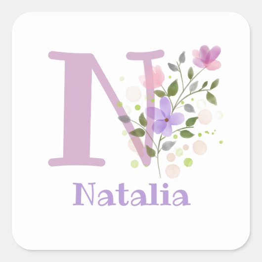 Initiaal Plus Naam Natalia & Flowers Design Vierkante Sticker (Voorkant)