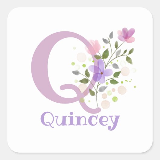 Initiaal Plus Naam Quincey & Flowers Design Vierkante Sticker (Voorkant)