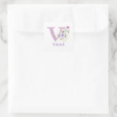 Initiaal Plus Naam Violet & Flowers Design Vierkante Sticker (Tas)