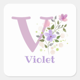 Initiaal Plus Naam Violet & Flowers Design Vierkante Sticker