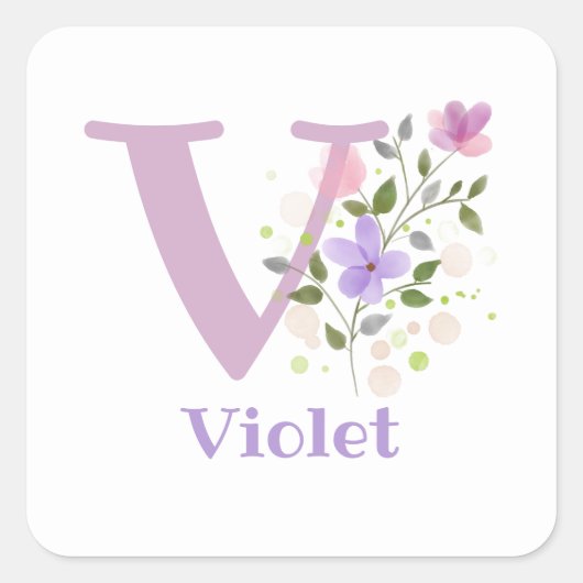 Initiaal Plus Naam Violet & Flowers Design Vierkante Sticker (Voorkant)