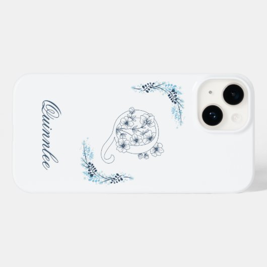 Initiaal "Q" Blauw Monogram Kalme Bloemen Case-Mate iPhone Case (Achterkant (horizontaal))
