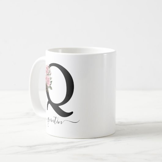 Initiaal Q Monogram Bloembloem Roze Rozen Mok (Voorkant links)