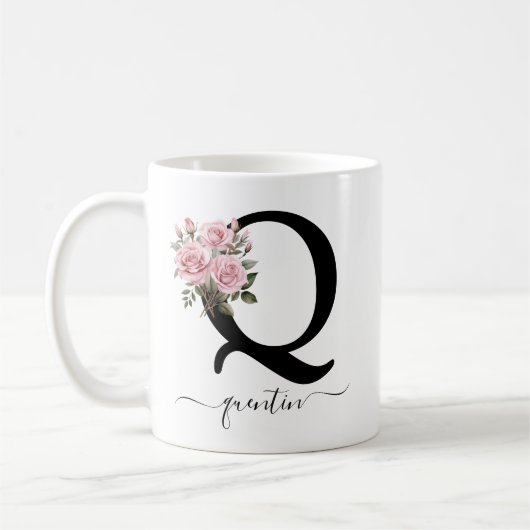 Initiaal Q Monogram Bloembloem Roze Rozen Mok (Links)
