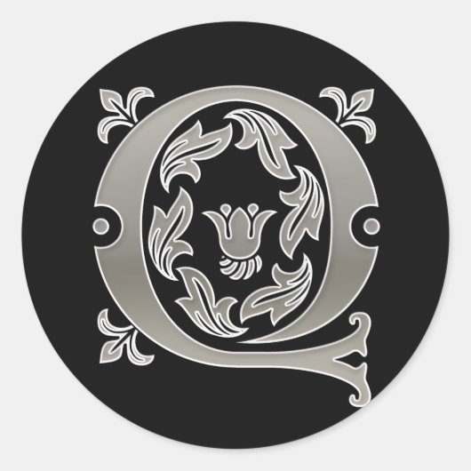 Initiaal Q Ronde Sticker in zilver (Voorkant)
