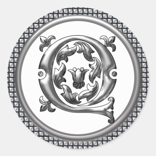 Initiaal Q Ronde Sticker in Zilver (Voorkant)