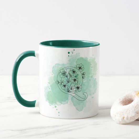 Initiaal Q Waterverf Monogram Groen Botanisch Mok (Met donut)