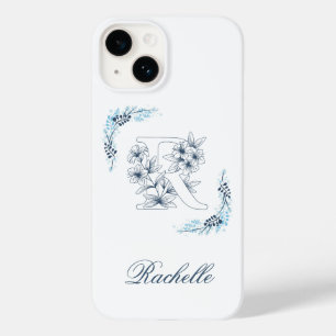 Initiaal "R" Blauw Monogram Kalm Bloemen Case-Mate iPhone 14 Hoesje