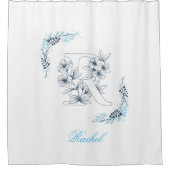 Initiaal "R" Blauw Monogram Kalm Bloemen Douchegordijn (Voorkant)