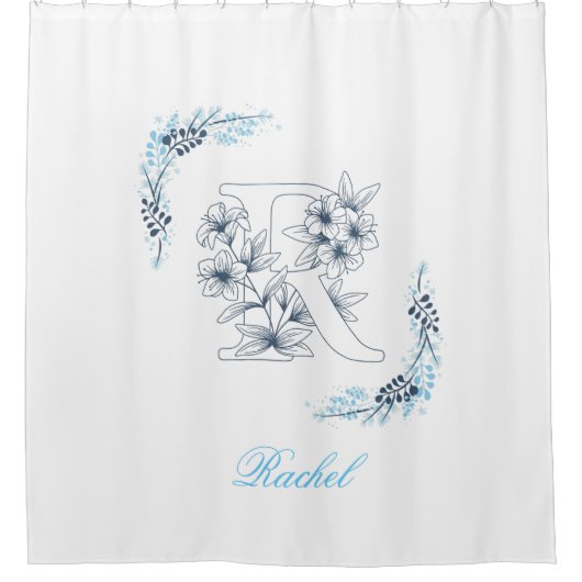 Initiaal "R" Blauw Monogram Kalm Bloemen Douchegordijn (Voorkant)