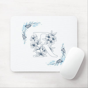 Initiaal "R" Blauw Monogram Kalm Bloemen Muismat