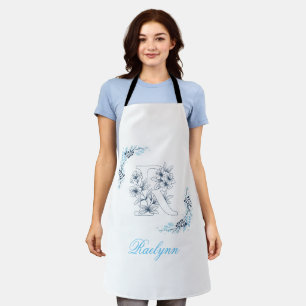 Initiaal "R" Blauw Monogram Kalm Bloemen Schort