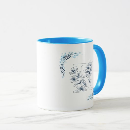 Initiaal "R" Blauw Monogram Kalme Bloemenkoffie Mok (Voorkant rechts)
