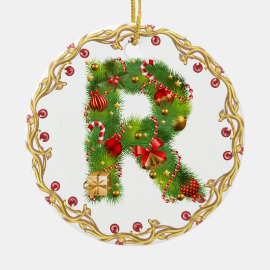 initiaal R monogrammed kerstversiering - cirkel Keramisch Ornament (Voorkant)