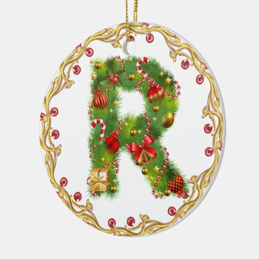initiaal R monogrammed kerstversiering - cirkel Keramisch Ornament (Links)