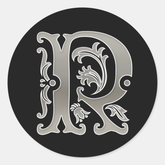 Initiaal R Ronde Sticker in zilver (Voorkant)