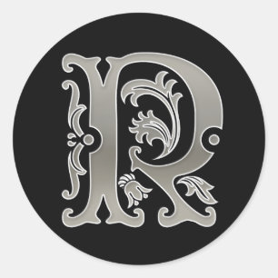 Initiaal R Ronde Sticker in zilver