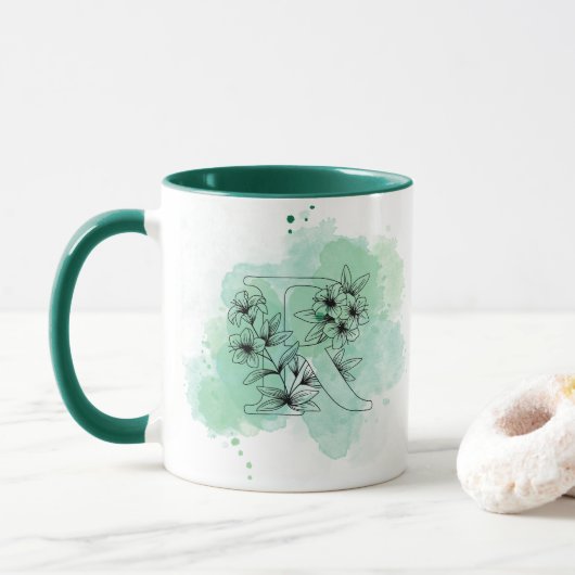 Initiaal R Waterverf Monogram Groen Botanisch Mok (Met donut)