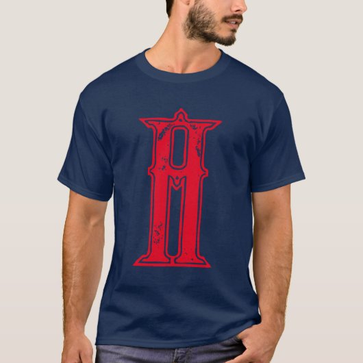 Initiaal rood monogram oud kalligrafie blauw t-shirt (Voorkant)