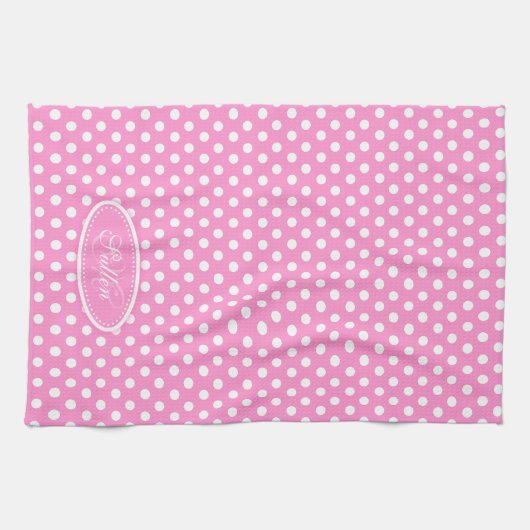 Initiaal roze en witte polka dot name theedoek (Horizontaal)