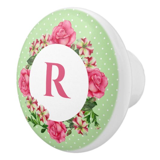 Initiaal Roze Roze Rood Wit Petunia Polka Dots Keramische Knop (Rechts)
