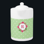 Initiaal Roze Roze Rood Wit Petunia Polka Dots Theepot<br><div class="desc">Ontworpen op basis van mijn waterverf illustratie van roze rozen en rode en witte petunia's. Een mooie delicate bloemenkrans arrangement van roze Engelse roos illustratie met fijne details van rozen knoppen en groene bladeren met levendige veelkleurige rode witte petunia's. Het ontwerp heeft roze monogram initiaal in het centrum dat aan...</div>