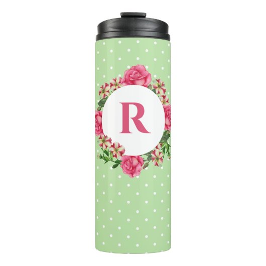 Initiaal Roze Roze Rood Wit Petunia Polka Dots Thermosbeker (Voorkant)