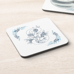 Initiaal "S" Blauw Monogram Kalm Bloemen Bier Onderzetter
