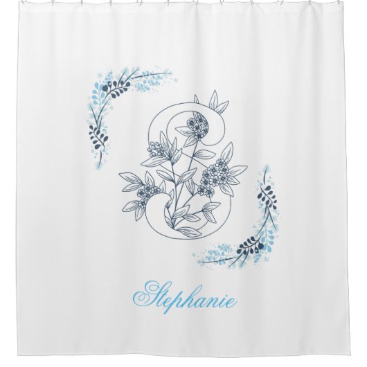 Initiaal "S" Blauw Monogram Kalm Bloemen Douchegordijn (Voorkant)