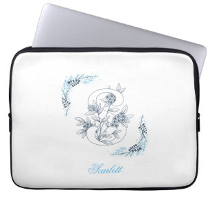 Initiaal "S" Blauw Monogram Kalm Bloemen Laptop Sleeve